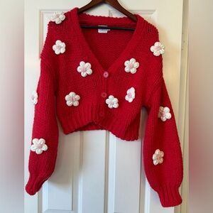 Luna Ivy Chunk Knit Red Floral Cardigan Sweater Size Medium